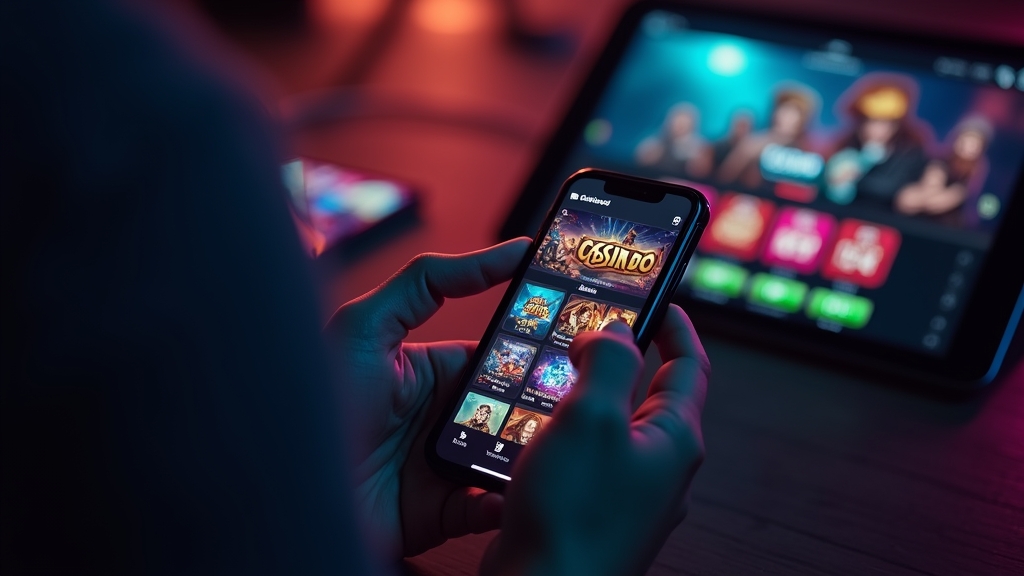 A phone showing a casino app download screen in a dark neon-lit setting