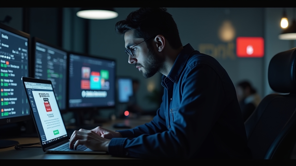 Ein Nutzer behebt Login- und E-Mail-Probleme an einem Laptop in einer dunklen Casino-Umgebung